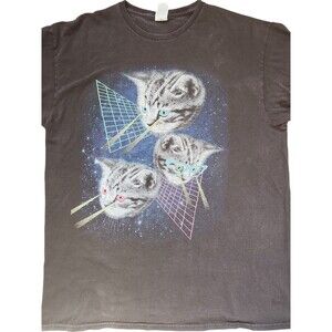Delta Cosmic Rays Laser Eyes Cat T Shirt Mens L  Black Retro Neon Indie Y2K 90s